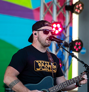 A man wearing a backwards baseball cap and dark glasses playing a guitar and singing on stage
