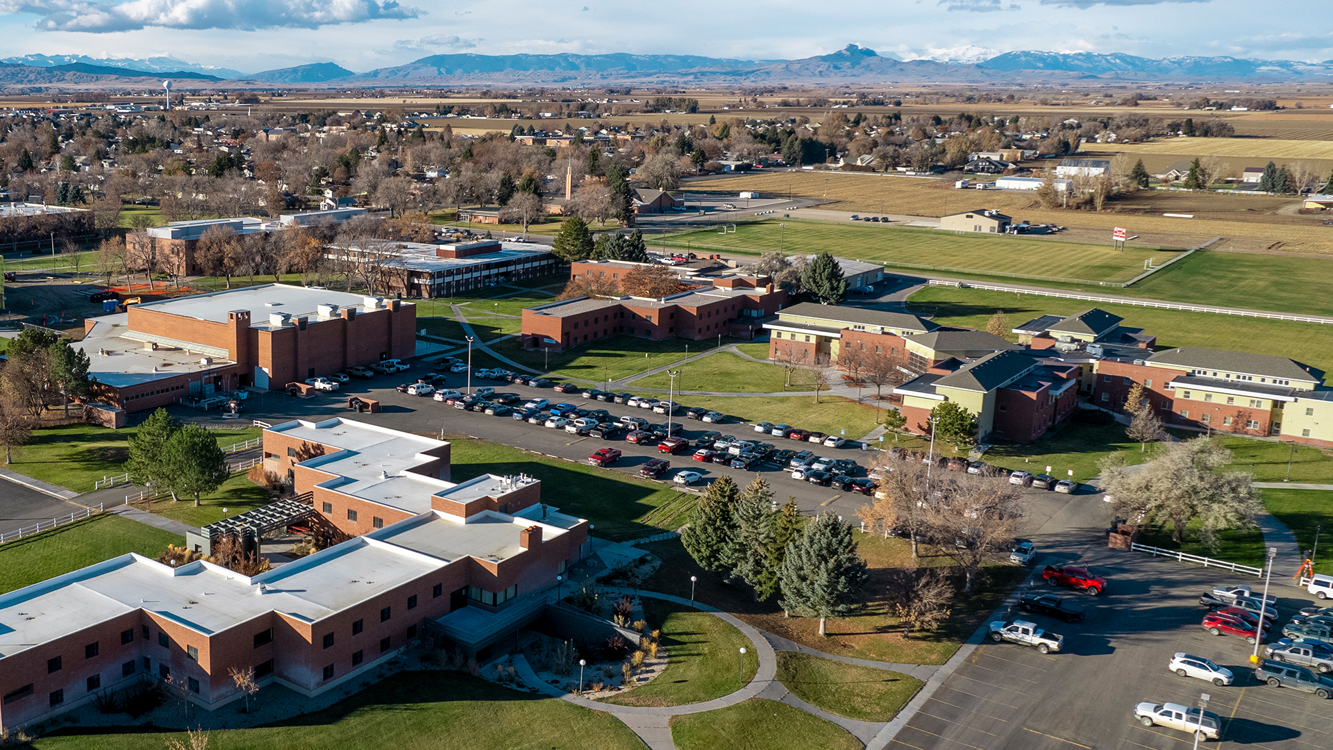 Aerial view of residence halls looking west toward the mountains