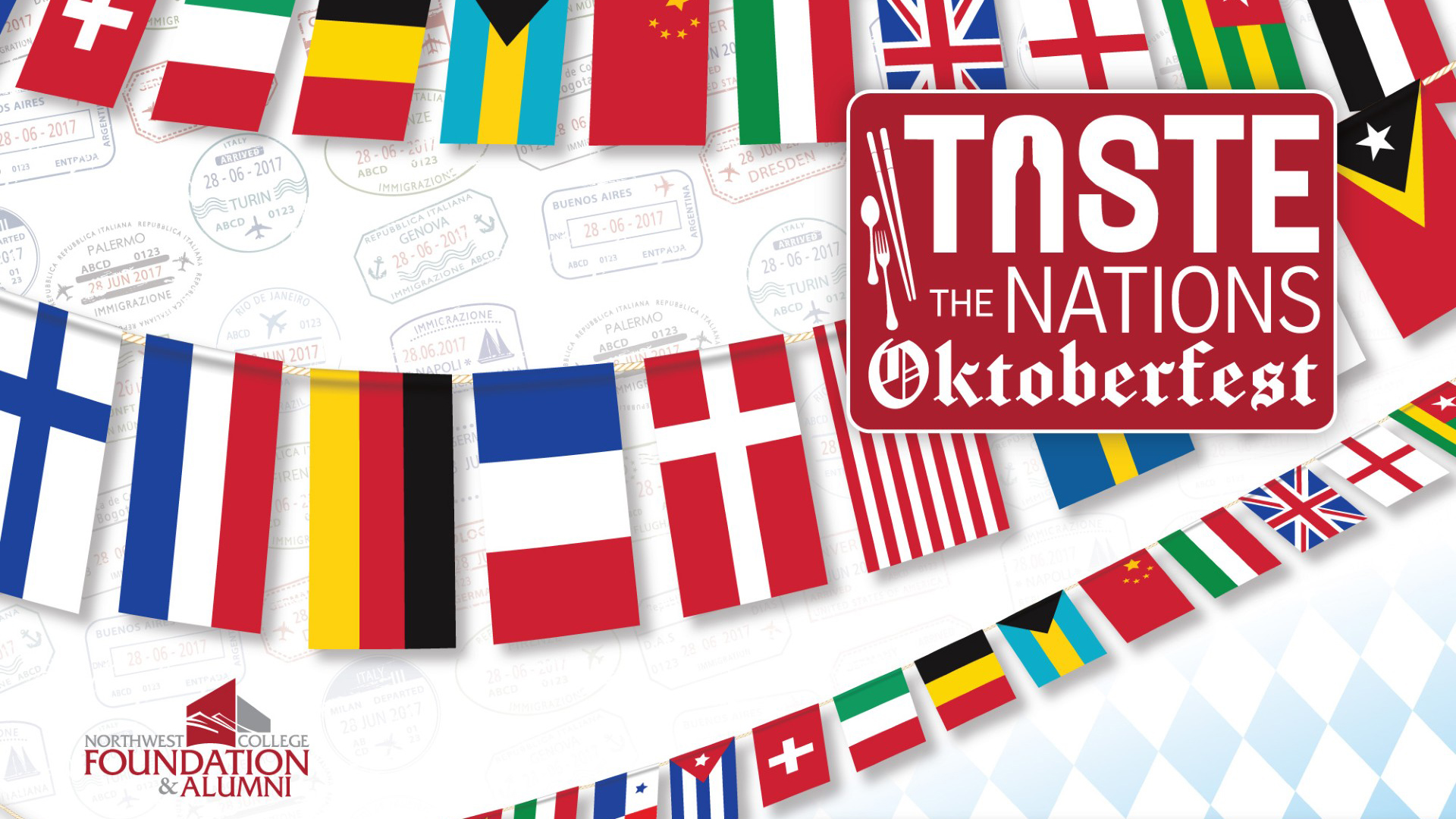 A graphic showing a collection of national flags against a white background with passport stamps with a Taste the Nations logo in front