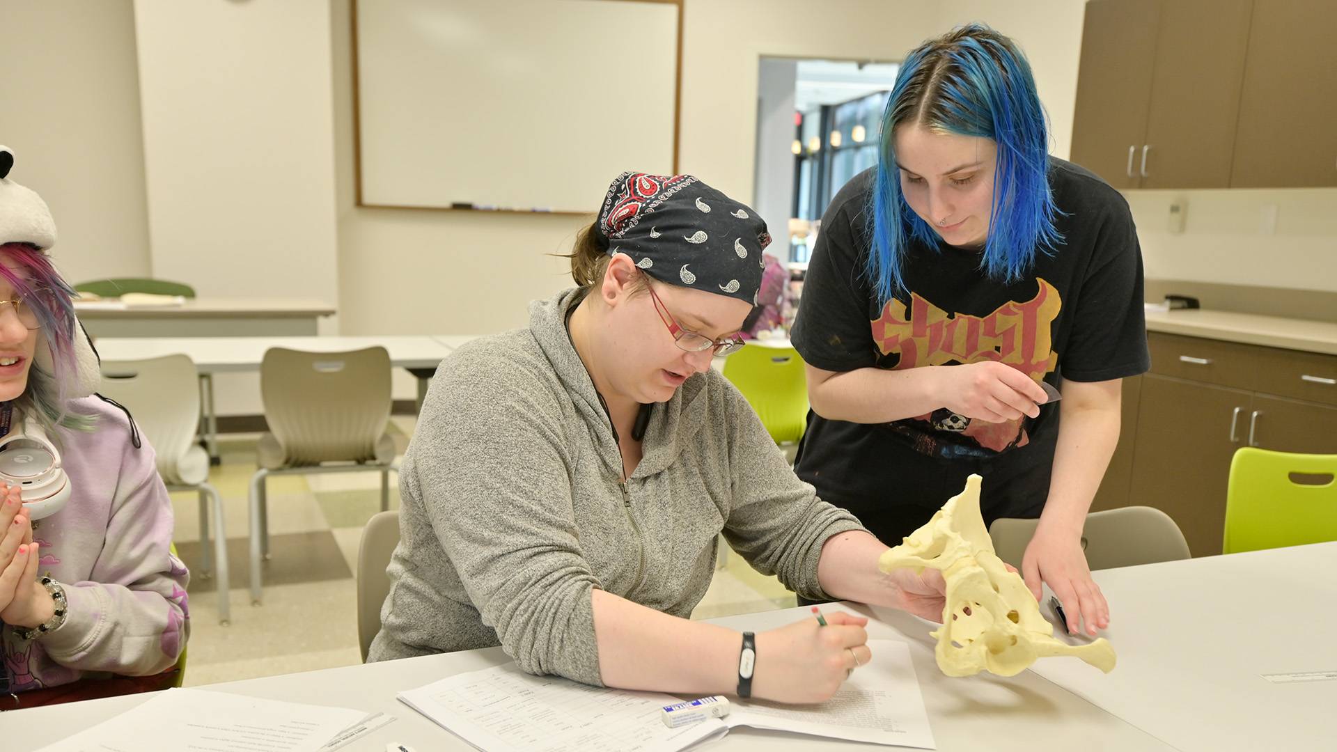 Two students at a table, one sitting and one standing, examining a set of bones and writing notes