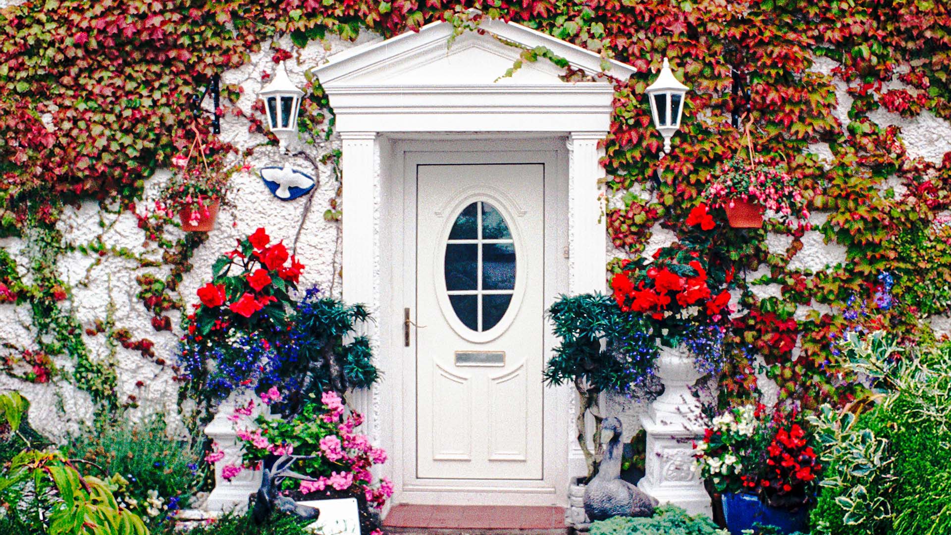 A white door with an oval window behind red bricked steps, all framed by white columns and lamps surrounded by a garden