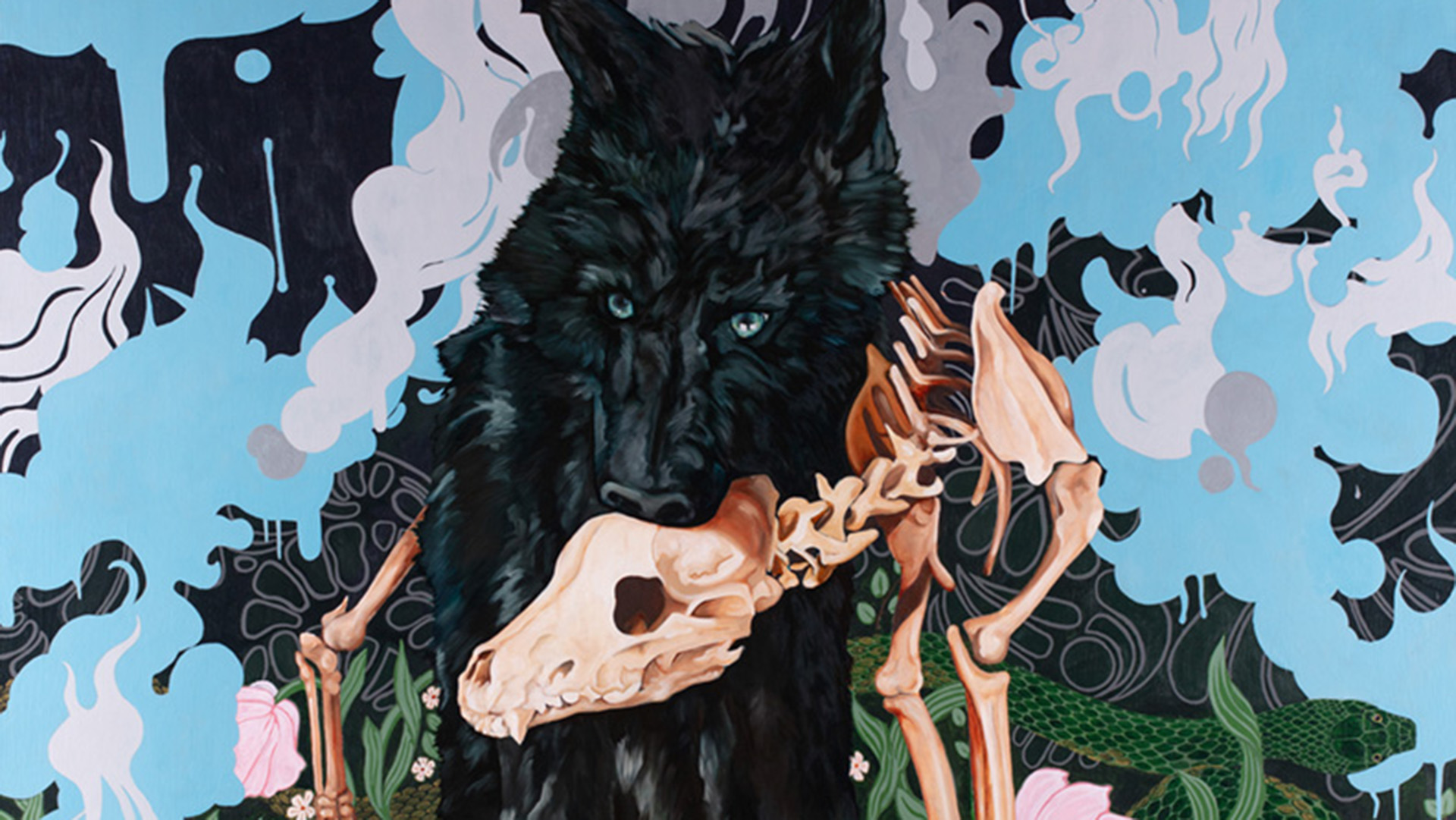 Artwork showing a black canine, a skeleton of another animal, and a green snake against a light blue background with multiple white and black shapes