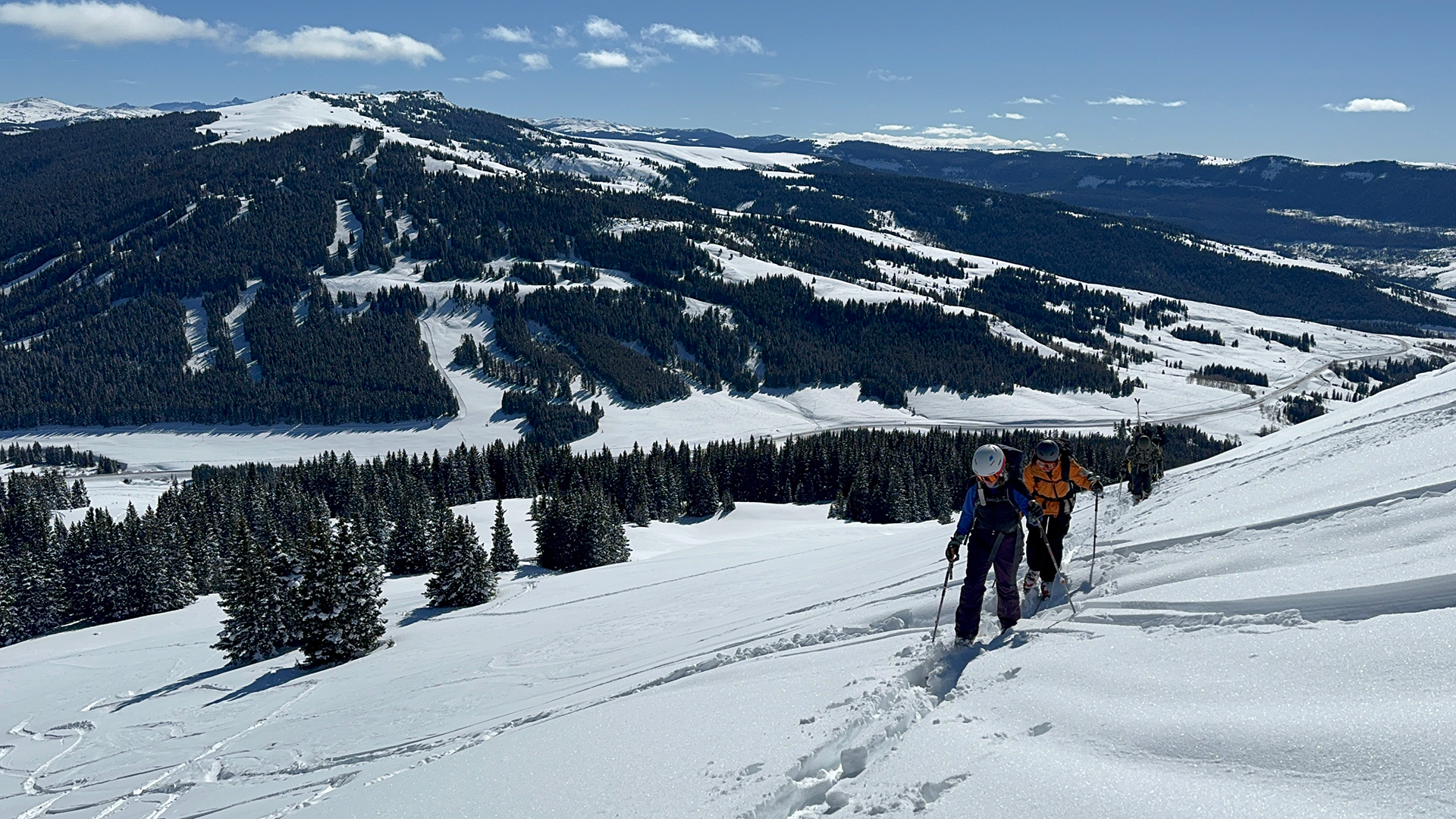 Two people in winter gear wearing skis with poles in their hands while walking across a hillside, with snow-covered trees below and ski slopes in the background